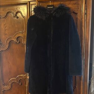 Luxurious Navy blue Genuine Shearling  Reversible Coat & Black genuine Leather